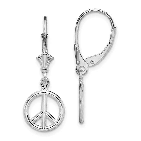 Sterling Silver Rhodium-Plated 3D Peace Symbol Leverback Earrings