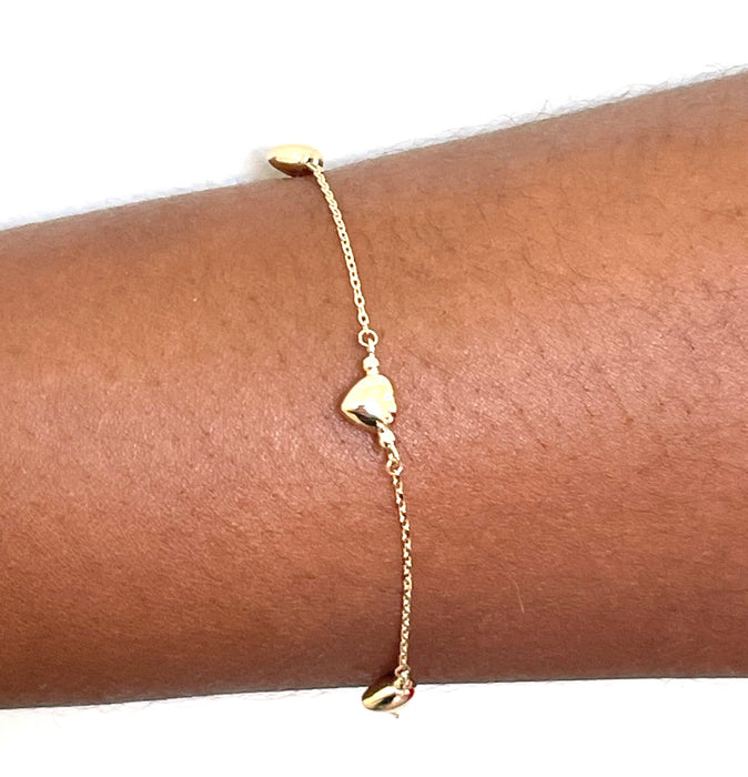 14k Yellow Gold Puffed Hearts Bracelet - LooptyHoops