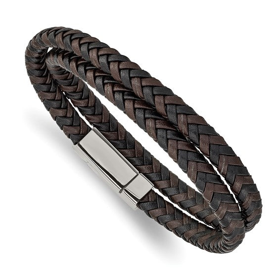 Stainless Steel Polished Brown/Black Leather Braided 15.75in Wrap Bracelet - LooptyHoops