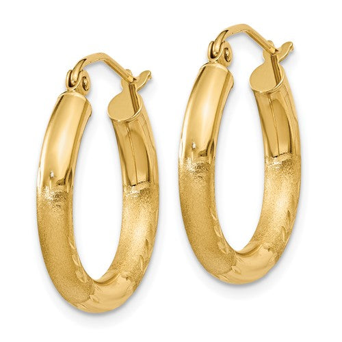 14k Yellow Gold Satin & Diamond Cut Hoop Earrings (3mm), 20mm - LooptyHoops