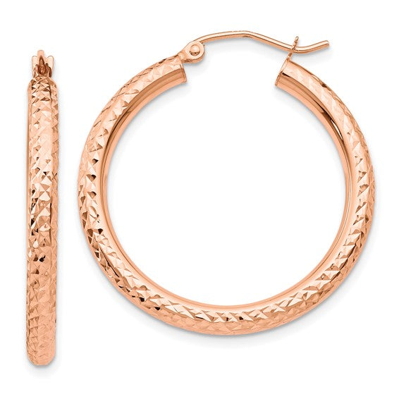 14k Rose Gold Thick Diamond Cut Hoop Earrings (3mm Thick), 30-35mm - LooptyHoops