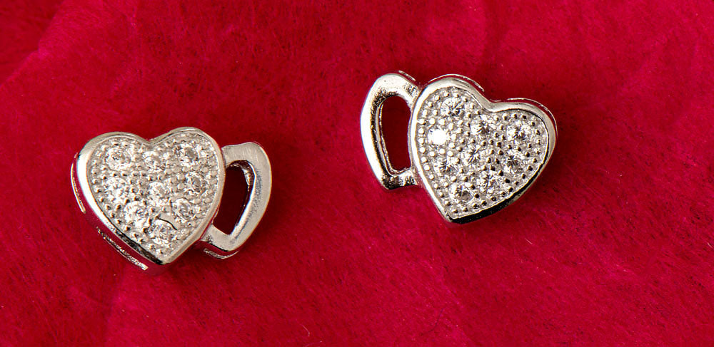 Sterling Silver CZ Textured Double Heart Stud Earrings (9mm) - LooptyHoops