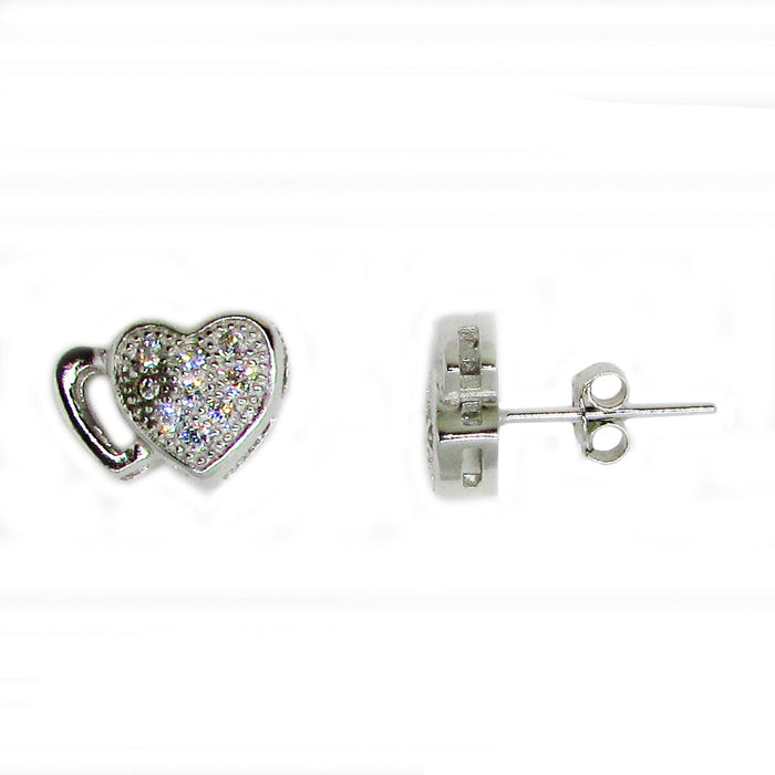 Sterling Silver CZ Textured Double Heart Stud Earrings (9mm) - LooptyHoops