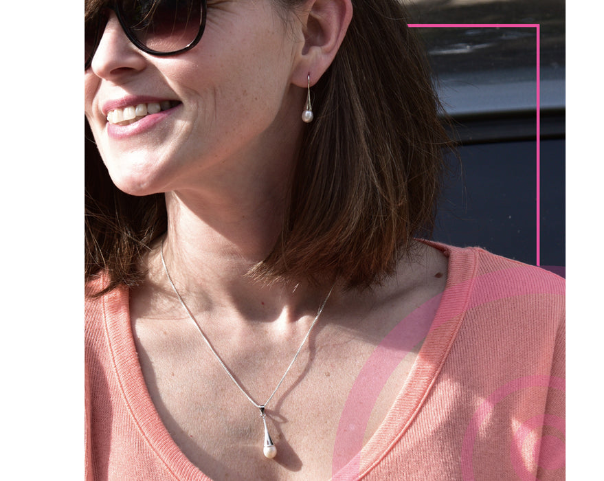 Your Choice: Sterling Silver Freshwater Pearl Hook-Backed Teardrop Drop Earrings - OR - Matching Freshwater Pearl Pendant & Necklace - OR – Gift Set of All Three - LooptyHoops