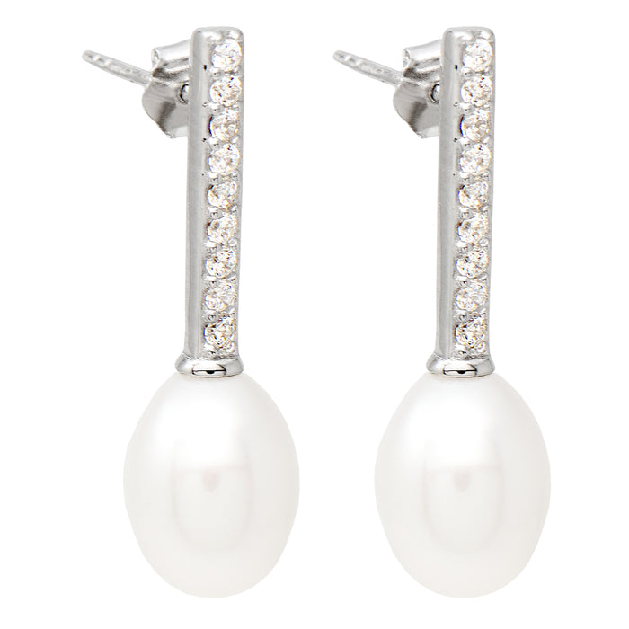 Sterling Silver CZ & Freshwater Pearl Drop Earrings, 20mm - LooptyHoops