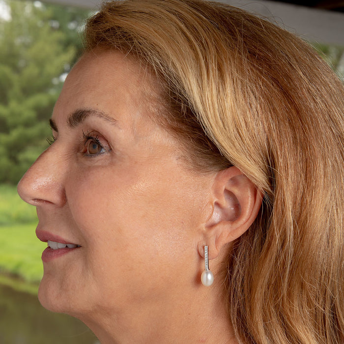 Sterling Silver CZ & Freshwater Pearl Drop Earrings, 20mm - LooptyHoops