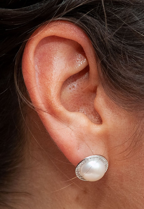 Your Choice: Sterling Silver CZ Halo Freshwater Pearl Stud Earrings - OR - Matching Freshwater Pearl Pendant & Necklace - OR – Gift Set of All Three - LooptyHoops