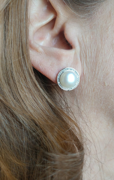 Your Choice: Sterling Silver CZ Halo Freshwater Pearl Stud Earrings - OR - Matching Freshwater Pearl Pendant & Necklace - OR – Gift Set of All Three - LooptyHoops