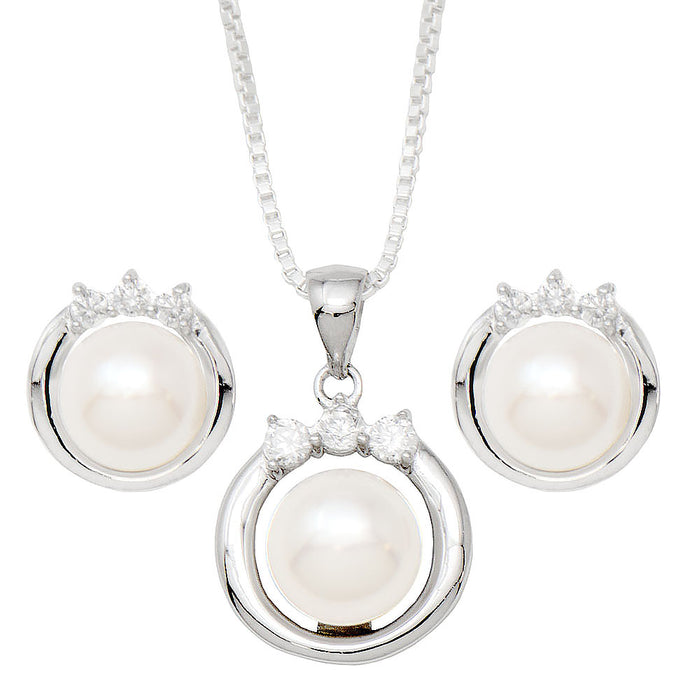 Your Choice: Sterling Silver CZ Freshwater Pearl Stud Earrings - OR - Matching Freshwater Pearl Pendant & Necklace - OR - Gift Set of All Three - LooptyHoops