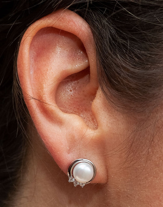 Your Choice: Sterling Silver CZ Freshwater Pearl Stud Earrings - OR - Matching Freshwater Pearl Pendant & Necklace - OR - Gift Set of All Three - LooptyHoops