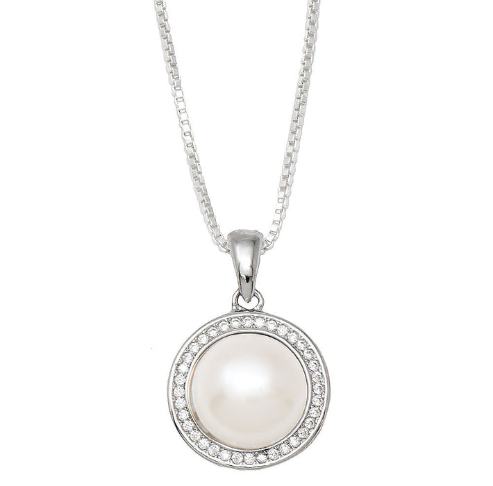 Your Choice: Sterling Silver CZ Halo Freshwater Pearl Stud Earrings - OR - Matching Freshwater Pearl Pendant & Necklace - OR – Gift Set of All Three - LooptyHoops