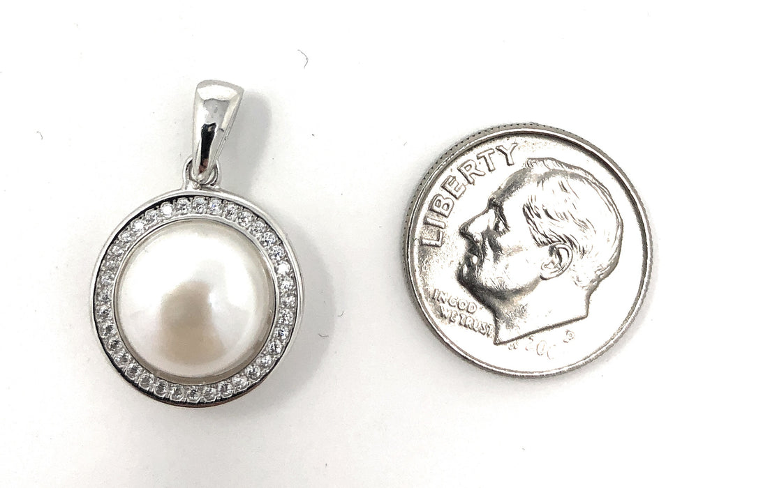 Your Choice: Sterling Silver CZ Halo Freshwater Pearl Stud Earrings - OR - Matching Freshwater Pearl Pendant & Necklace - OR – Gift Set of All Three - LooptyHoops