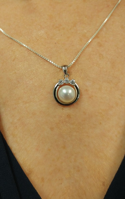 Your Choice: Sterling Silver CZ Freshwater Pearl Stud Earrings - OR - Matching Freshwater Pearl Pendant & Necklace - OR - Gift Set of All Three - LooptyHoops