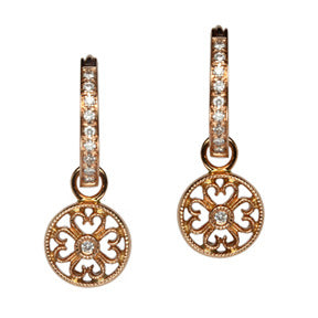 18K Rose Gold Diamond Filigree Disc Earring Charms - LooptyHoops