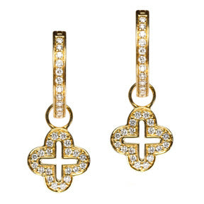 18K Yellow Gold Diamond Open Cross Earring Charms - LooptyHoops