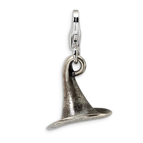 Sterling Silver Spooky 3D Antiqued Witch's Hat Halloween Charm, 32mm - LooptyHoops