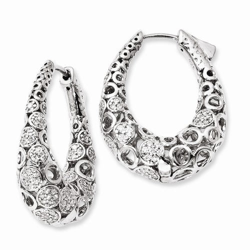 Sterling Silver Patterned Oval CZ Hinged Hoop Earrings, All Sizes - LooptyHoops