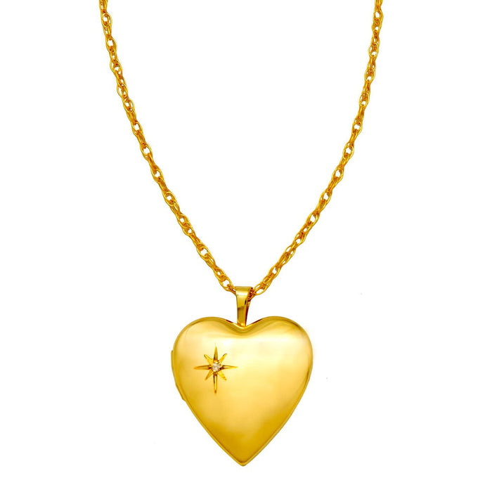 14K Yellow Gold-Filled Diamond 20mm Heart Locket Pendant Necklace, w/18-Inch Chain - LooptyHoops