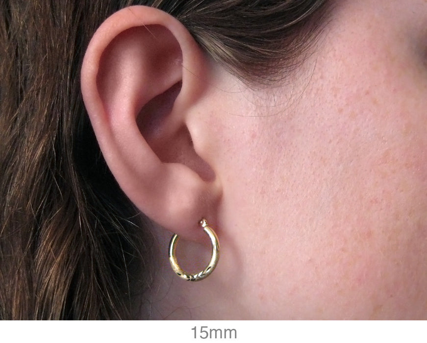 14k Yellow Gold Satin & Diamond Cut Hoop Earrings (2mm), All Sizes - LooptyHoops