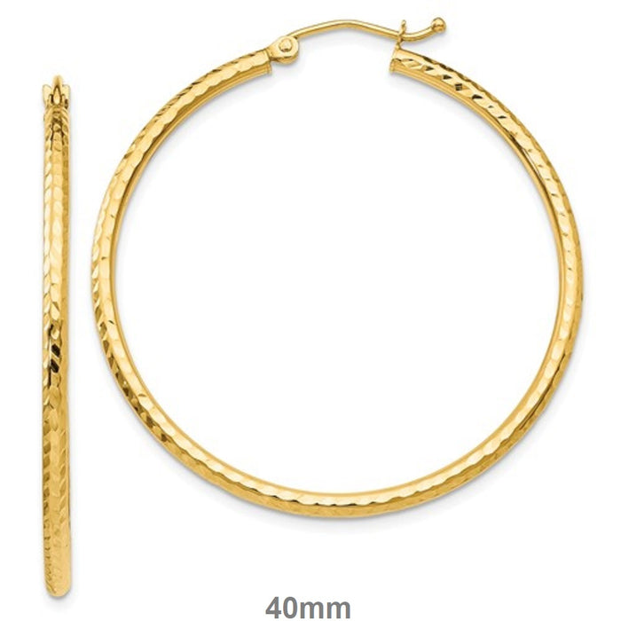 14k Yellow Gold Diamond Cut Click-down Hoop Earrings (2mm), All Sizes - LooptyHoops