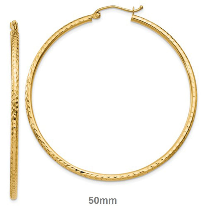 14k Yellow Gold Diamond Cut Click-down Hoop Earrings (2mm), All Sizes - LooptyHoops