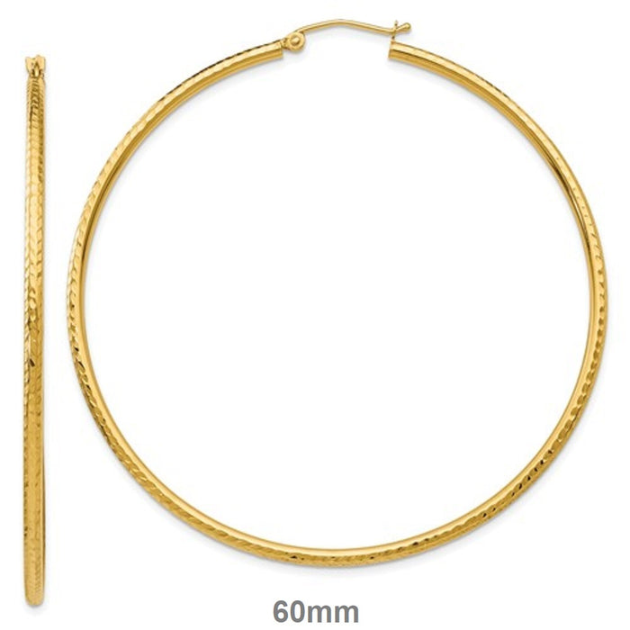 14k Yellow Gold Diamond Cut Click-down Hoop Earrings (2mm), All Sizes - LooptyHoops