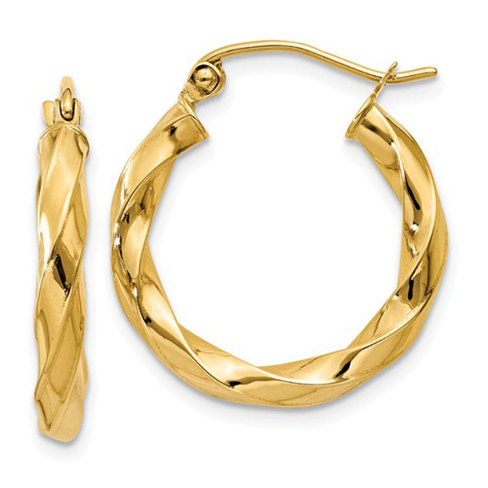 14k Yellow Gold Twisted Taffy Hoop Earrings (3mm), All Sizes - LooptyHoops