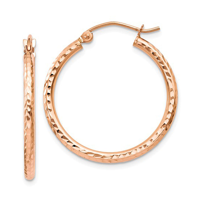 14K Rose Gold Diamond Cut Tube Hoop Earrings (2mm), All Sizes - LooptyHoops