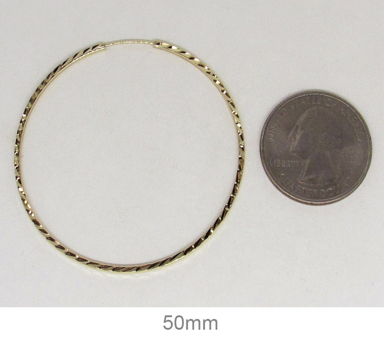 14K Yellow Gold Diamond Cut Square Tube Continuous Endless Hoop Earrings (1.35mm), All Sizes - LooptyHoops