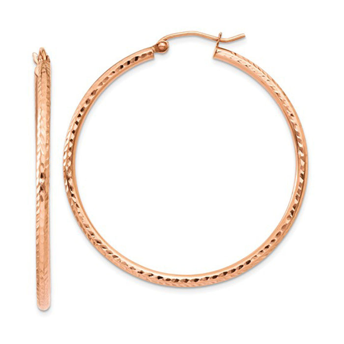 14K Rose Gold Diamond Cut Tube Hoop Earrings, 1.6 Inches (40mm) (2mm Tube) - LooptyHoops