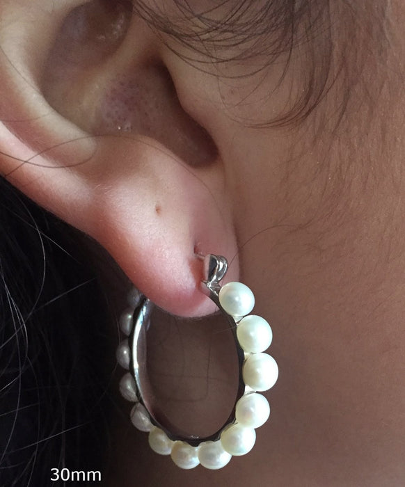 Sterling Silver Freshwater Pearl Click-Down Hoop Earrings, All Sizes - LooptyHoops