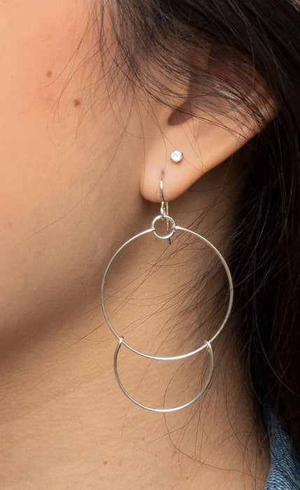 Handmade Sterling Silver Dangling Hoop-and-a-Half Hoop Earrings w/Hook Clasp, 47mm - LooptyHoops