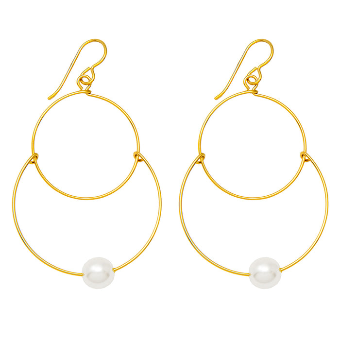 Handmade Yellow Gold-Filled Faux Pearl Dangling Hoop-and-a-Half Hoop Earrings w/Hook Clasp, 46mm - LooptyHoops