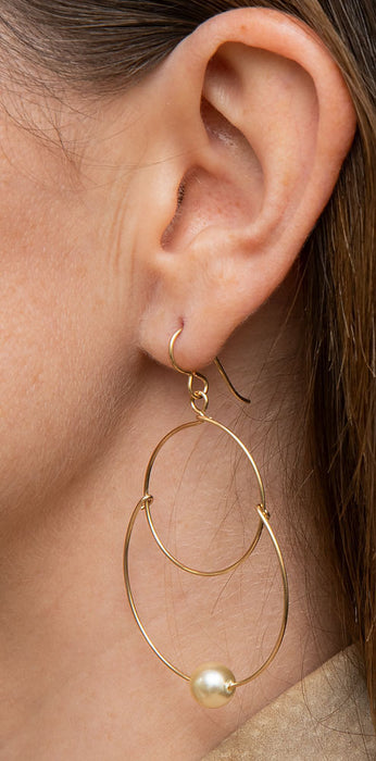 Handmade Yellow Gold-Filled Faux Pearl Dangling Hoop-and-a-Half Hoop Earrings w/Hook Clasp, 46mm - LooptyHoops