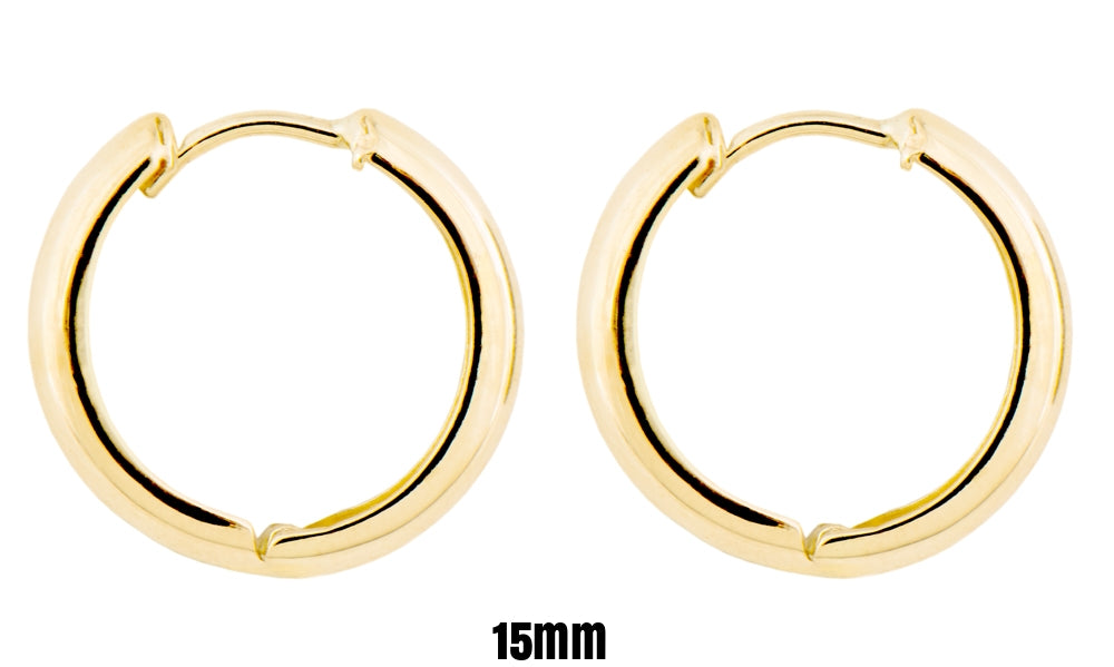 Small 14k Yellow Gold Wide Hinged Huggie Hoop Earrings, 0.5 In (12mm) or 0.6 In (15mm) (3mm Tube) - LooptyHoops