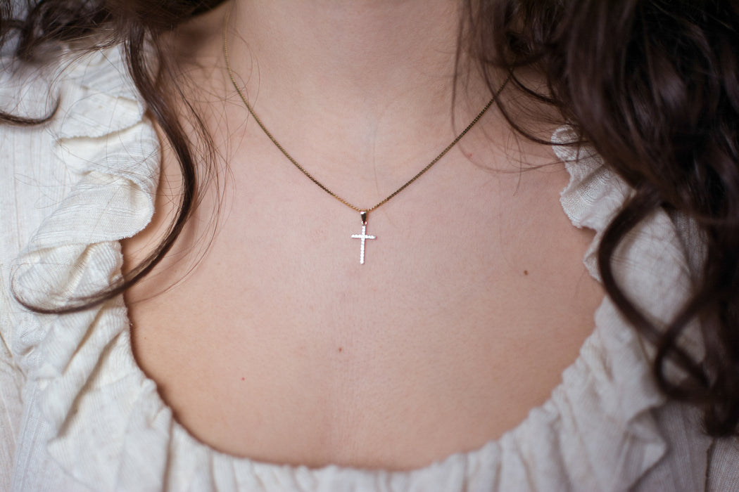 Small 14K Yellow Gold Cubic Zirconia Children's Cross Charm Pendant, 15mm x 8mm - LooptyHoops
