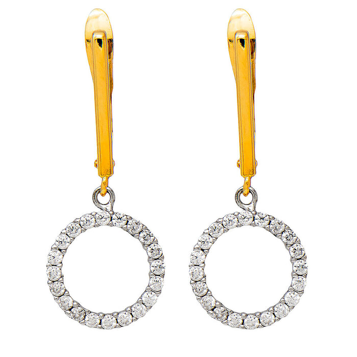 14k Yellow Gold Tiny CZ Circle Halo Dangle Earrings, 10mm - LooptyHoops