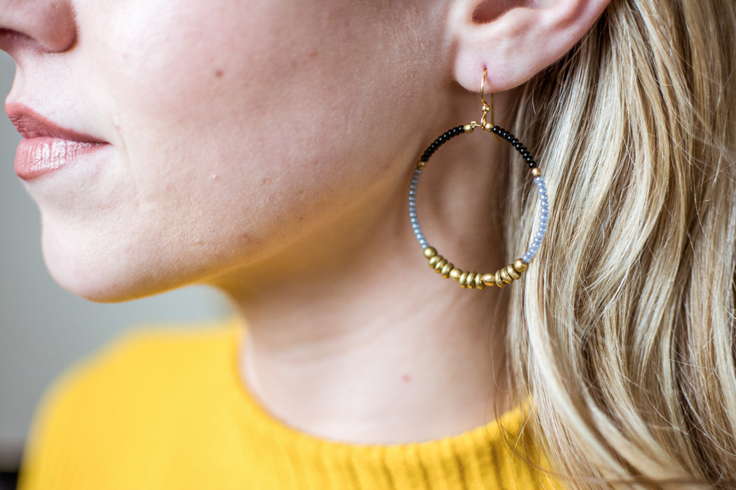 Handmade Dangling Beaded Brass Hoop Earrings, 35mm - LooptyHoops