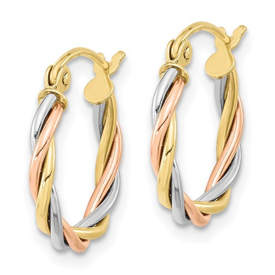 10K Tri-Color Gold Twisted Hoop Earrings – 16mm | Polished 2.5mm Tube Round Hoops
