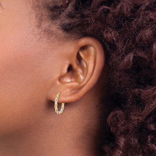 10K Tri-Color Gold Twisted Hoop Earrings – 16mm | Polished 2.5mm Tube Round Hoops