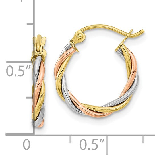 10K Tri-Color Gold Twisted Hoop Earrings – 16mm | Polished 2.5mm Tube Round Hoops