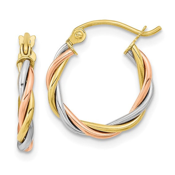 10K Tri-Color Gold Twisted Hoop Earrings – 16mm | Polished 2.5mm Tube Round Hoops
