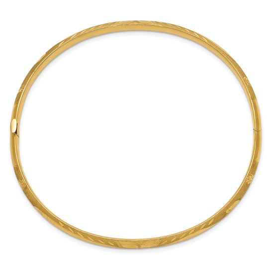 10K Gold Florentine Engraved Hinged Bangle Bracelet, 5mm (3/16”) Brushed Diamond-Cut Finish, 7.75 Inch