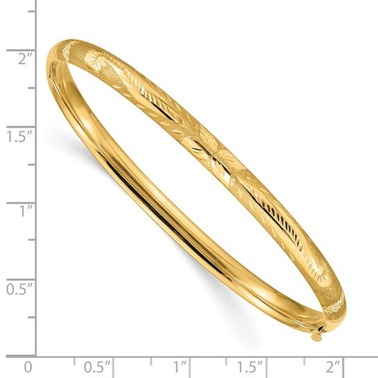 10K Gold Florentine Engraved Hinged Bangle Bracelet, 5mm (3/16”) Brushed Diamond-Cut Finish, 7.75 Inch