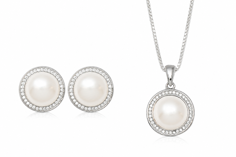 Sterling Silver Freshwater Pearl & CZ Halo Jewelry Collection – Pearl Stud Earrings, Pendant Necklace, or Complete Gift Set