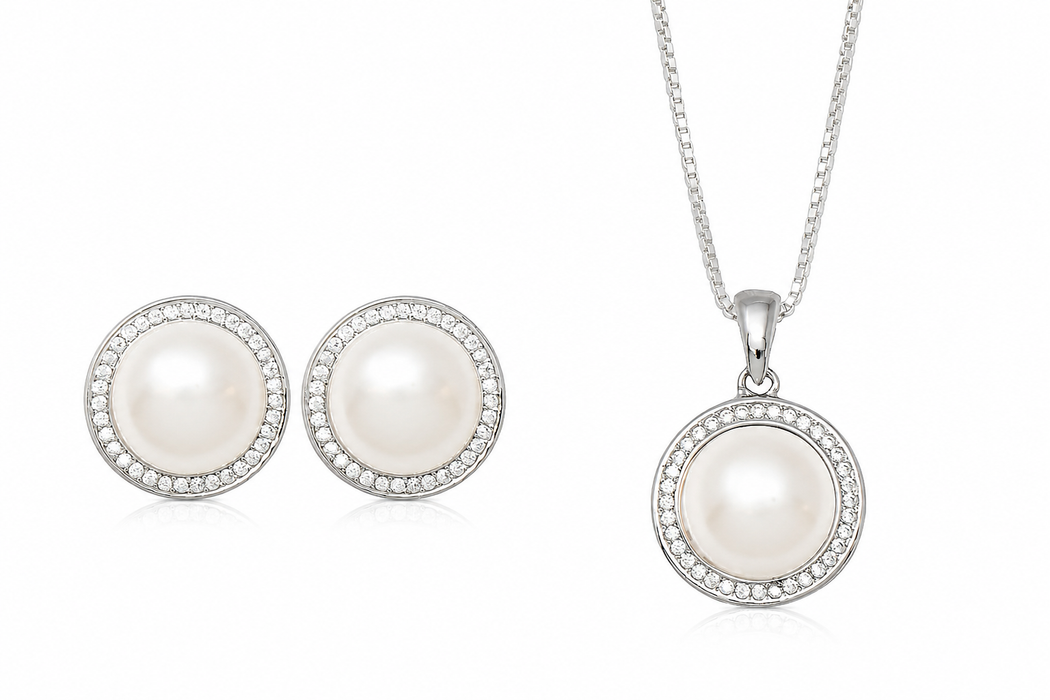 Sterling Silver Freshwater Pearl & CZ Halo Jewelry Collection – Pearl Stud Earrings, Pendant Necklace, or Complete Gift Set