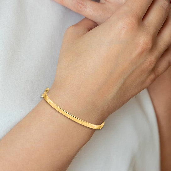 14K Gold Polished Flat Hinged Bangle Bracelet, 4mm Wide, Classic Solid Gold Bangle for Women