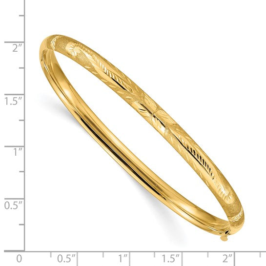 14K Gold Florentine Engraved Hinged Round Bangle Bracelet, 5mm Wide, 8 Inch Classic Textured Gold Bangle
