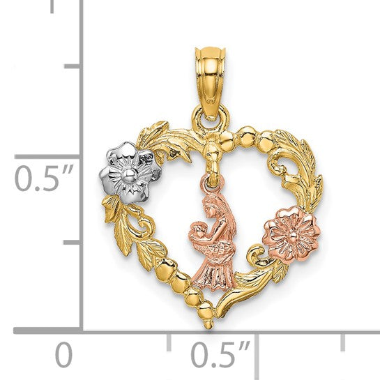 14K Two-Tone Gold Mother & Baby Heart Charm with Flowers – White Rhodium Accents, 20mm x 17mm Pendant