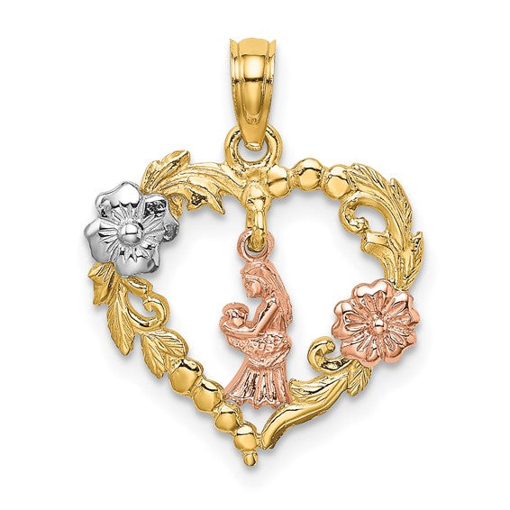 14K Two-Tone Gold Mother & Baby Heart Charm with Flowers – White Rhodium Accents, 20mm x 17mm Pendant